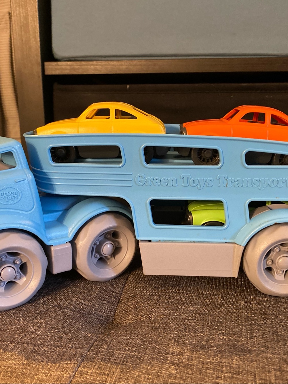 Green Toys Blue Car Transporter with Yellow & Orange Toy Cars